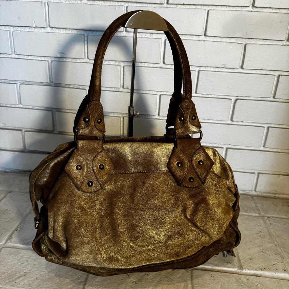 Kale Brown / Gold Metallic Suede Satchel Bag with Pink Suede Interior - Picture 9 of 15